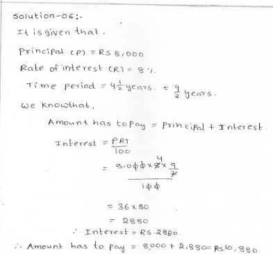 Rd sharma class 7 solutions 13.Simple interest Exercise-13.1 Q 6