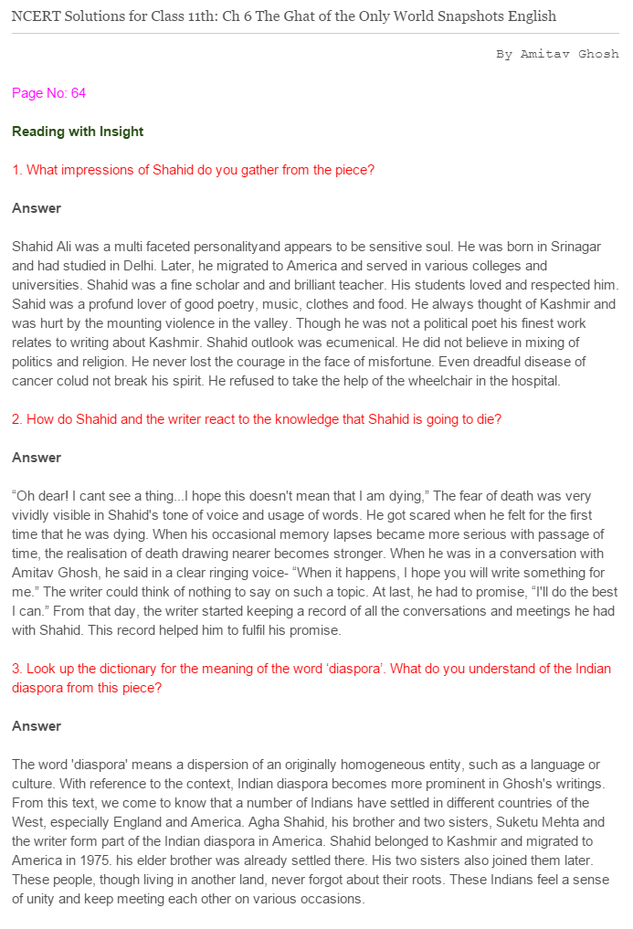 NCERT Solutions For Class 11 English Snapshots The Ghat of the only World