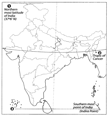 Class 9 Geography Map Work Chapter 1 India-Size and Location a3.1