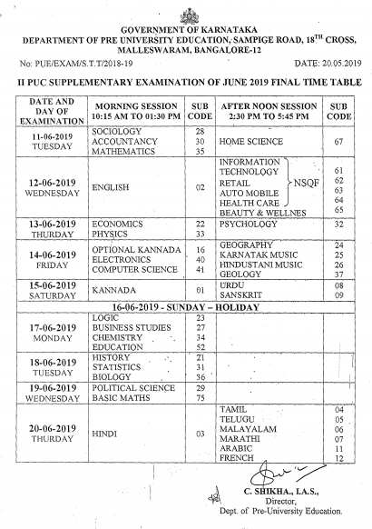 Karnataka 2nd PUC Supplementary Time Table 2019