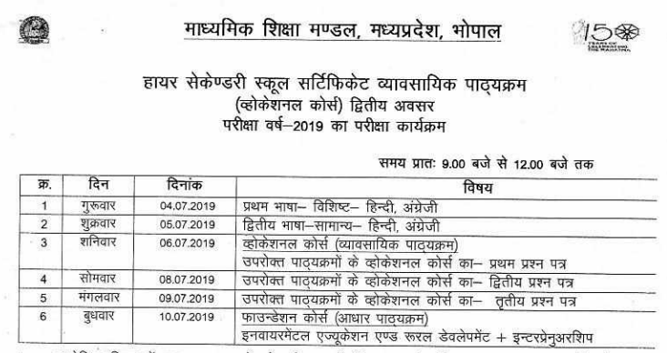 MP Board Class 12 Supply Time Table 2019