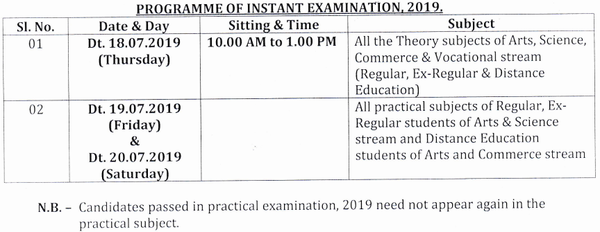 Odisha Class 12 Supplementary Exam Time Table