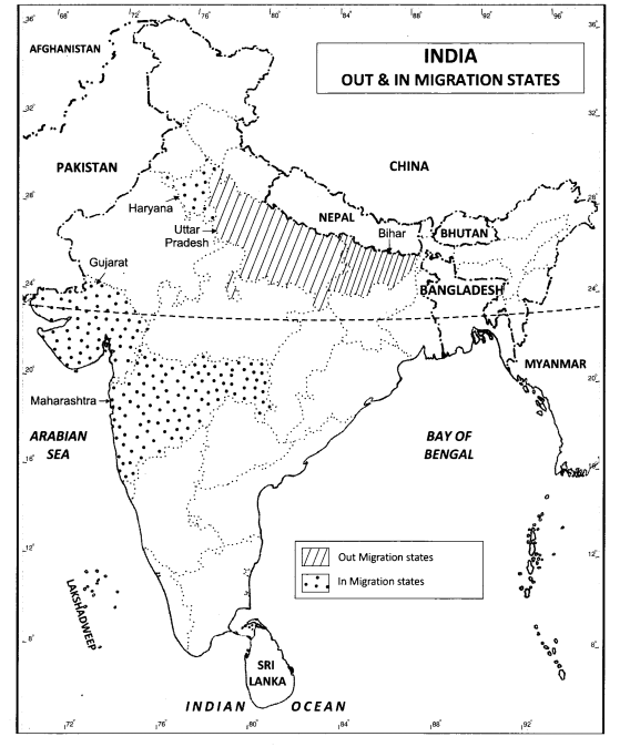Class 12 Geography NCERT Solutions Chapter 2 Migration Types, Causes and Consequences Map Based Questions Q1