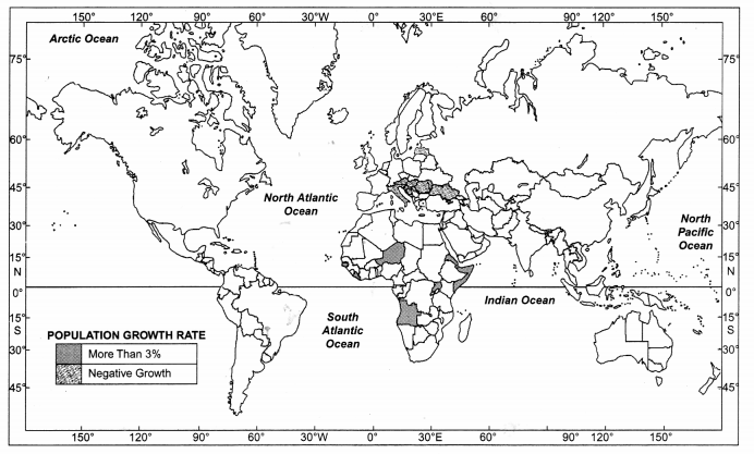 कक्षा 12 भूगोल एनसीईआरटी समाधान अध्याय 2 विश्व जनसंख्या (वितरण, घनत्व और विकास) मानचित्र कौशल Q1