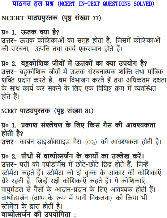 NCERT Solutions for Class 9 Science Chapter 6 Tissues Hindi Medium 1