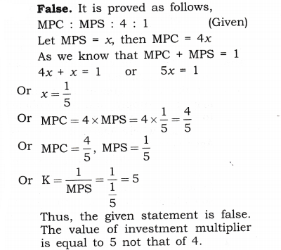 NCERT Solutions for Class 12 Macro Economics National Income Determination and Multiplier True or False Q5