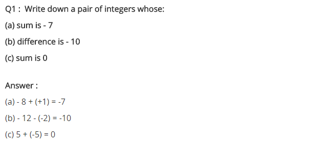 NCERT Solutions for Class 7 Maths Chapter 1 Integers Ex 1.2 Q1
