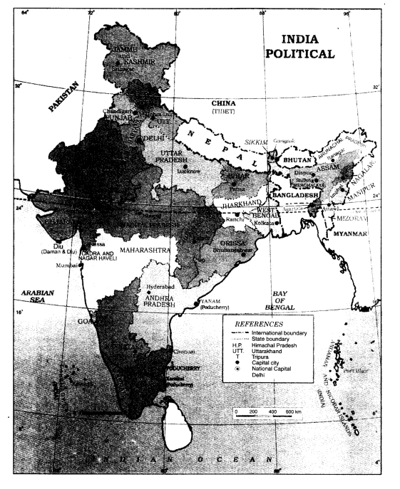 NCERT Solutions for Class 6 Social Science Geography Chapter 7 Our Country India Map Skills Q2