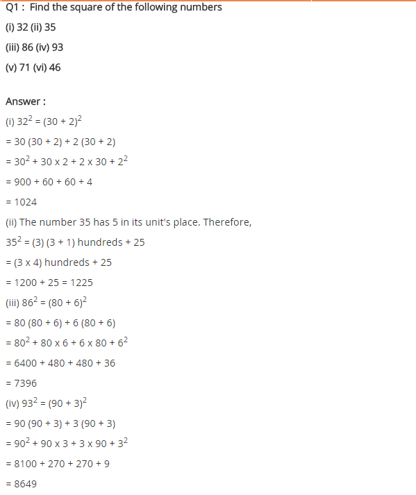 NCERT Solutions for Class 8 Maths Chapter 6 Squares and Square Roots Ex 6.2 Q1